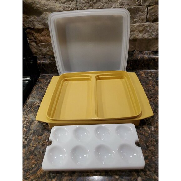 VINT. TUPPERWARE DEVILED EGG KEEPER CARRIER TRAY YELLOW HARVEST GOLD # 723 4 PC - Picture 4 of 10